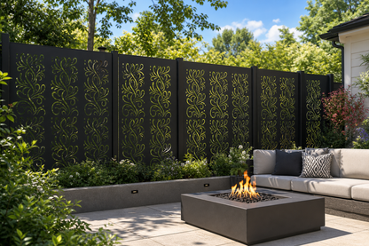 Design 119 Fine Floral Vine Laser Cut Metal Privacy Screen Panel installed garden daylight view