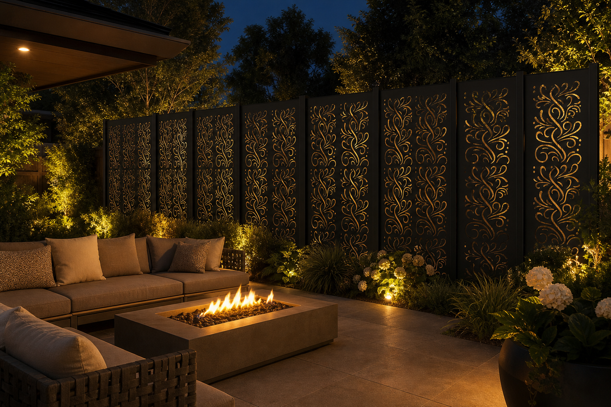 Design 119 Fine Floral Vine Laser Cut Metal Privacy Screen Panel installed garden night lighting view
