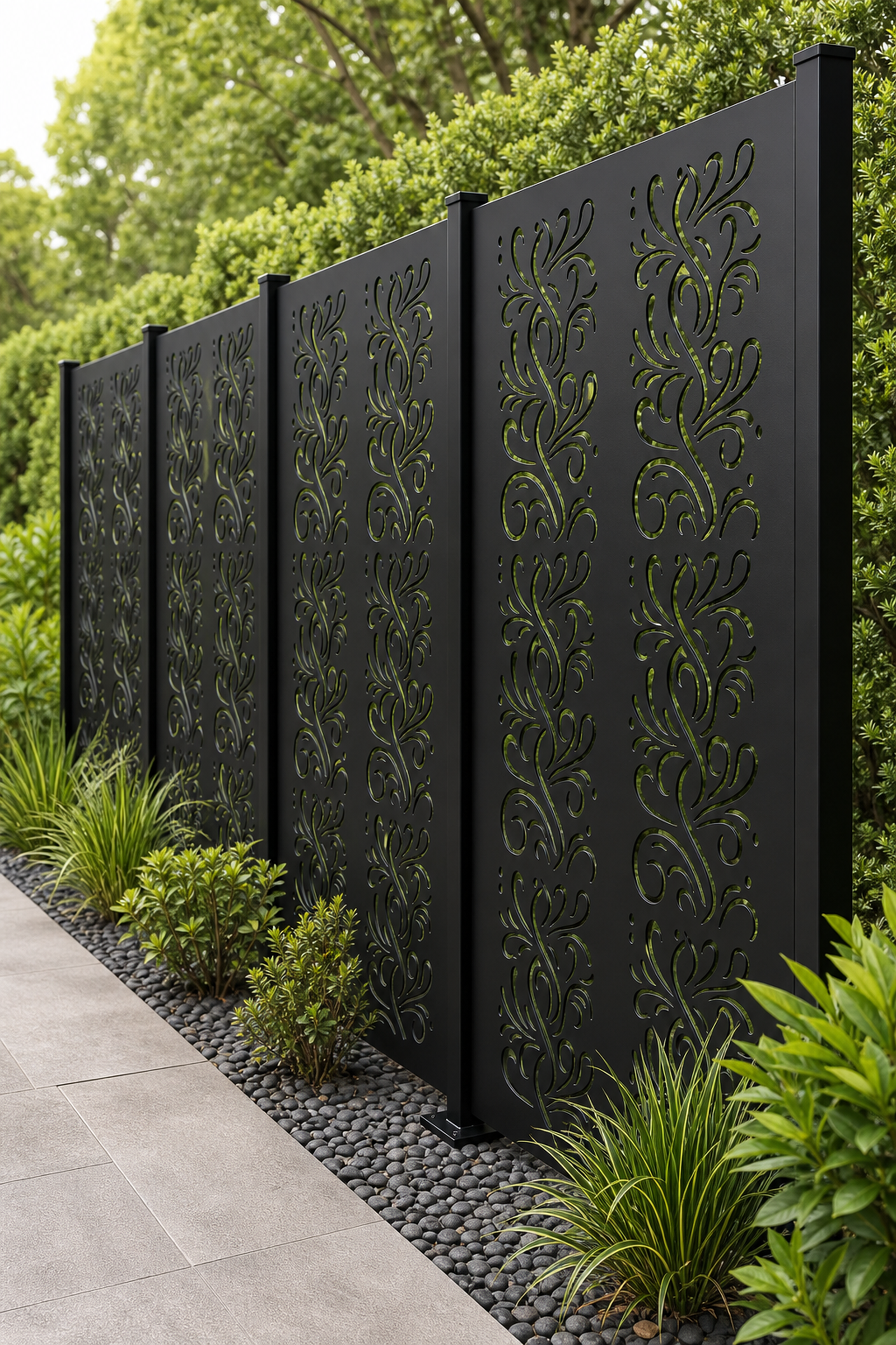 Design 119 Fine Floral Vine Laser Cut Metal Privacy Screen Panel oblique angle view