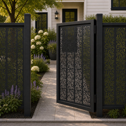 Design 119 fine line s scrollwork black aluminium side gate open view