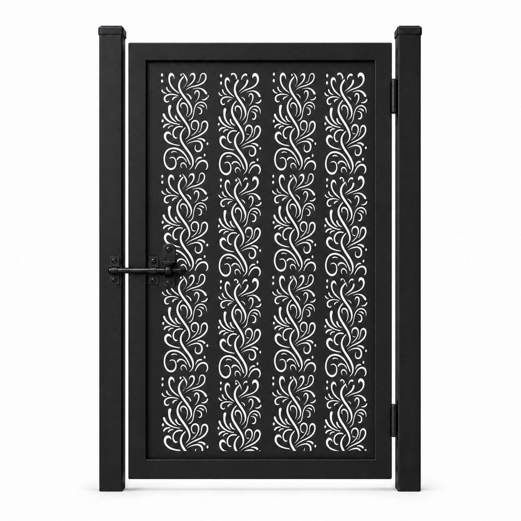 Design 119 fine line s scrollwork black laser cut metal pedestrian gate closed view