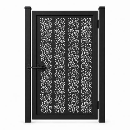 Design 119 fine line s scrollwork black laser cut metal pedestrian gate closed view