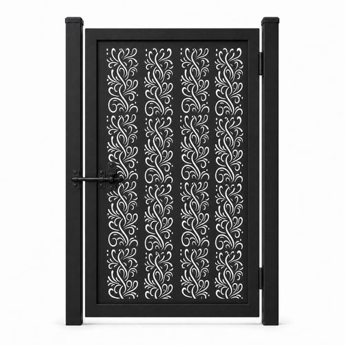 Design 119 fine line s scrollwork black laser cut metal pedestrian gate closed view