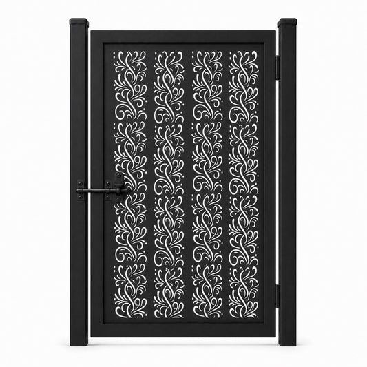 Design 119 fine line s scrollwork black laser cut metal pedestrian gate closed view
