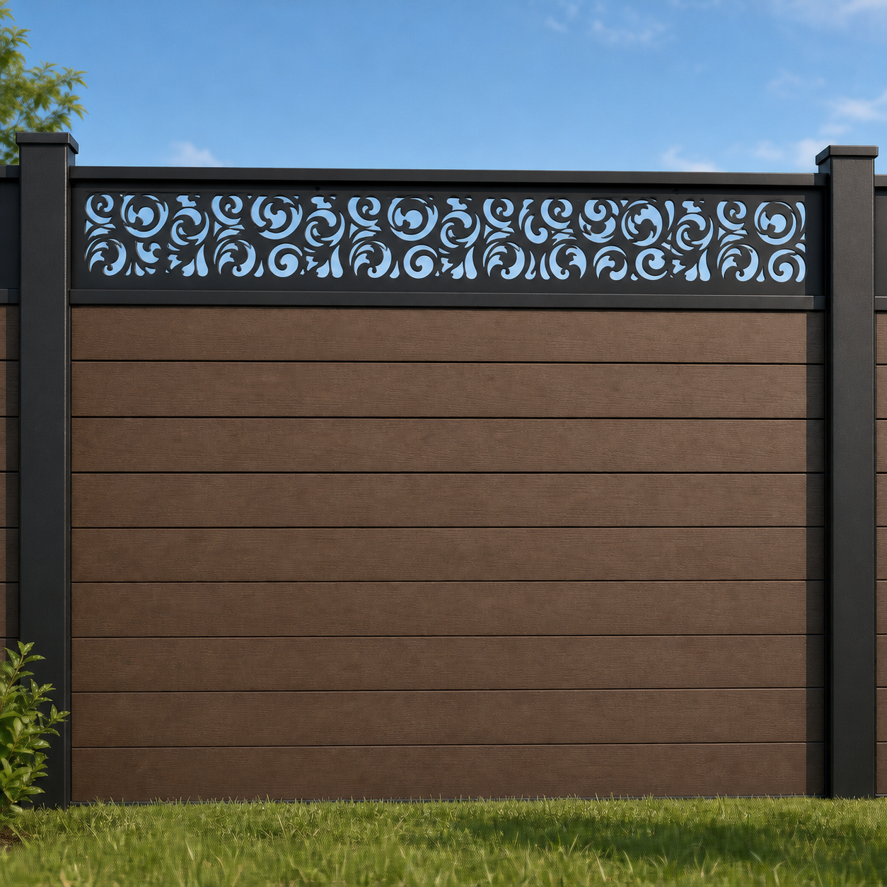Dense Scroll Medallion metal fence topper installed above WPC composite privacy fence, front view, Design 120
