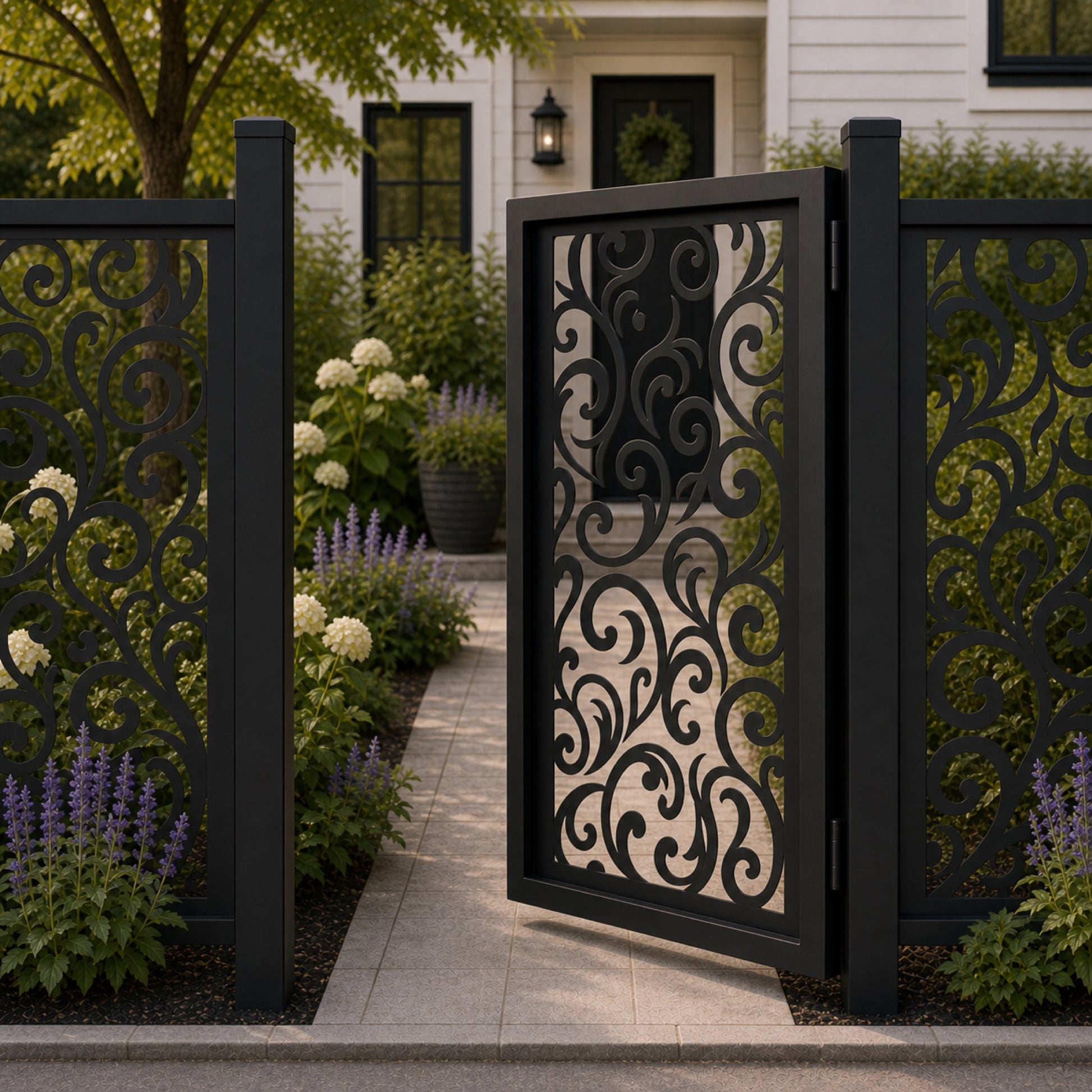 Design 120 large arc spiral vine black aluminium side gate open view