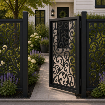 Design 120 large arc spiral vine black aluminium side gate open view