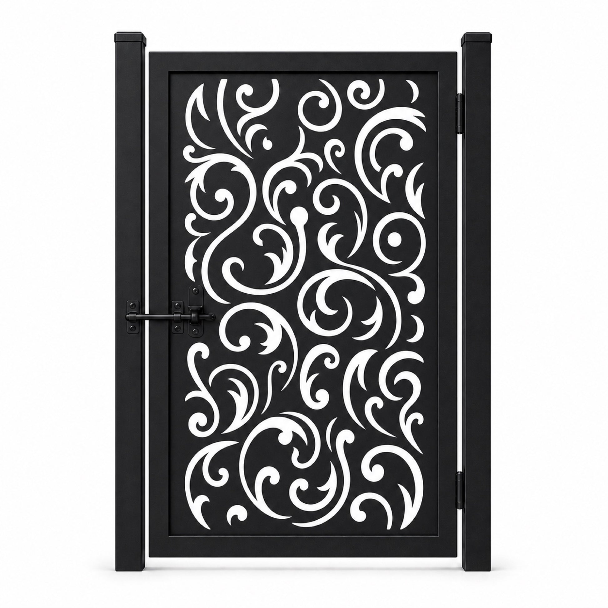 Design 120 large arc spiral vine black laser cut metal pedestrian gate closed view
