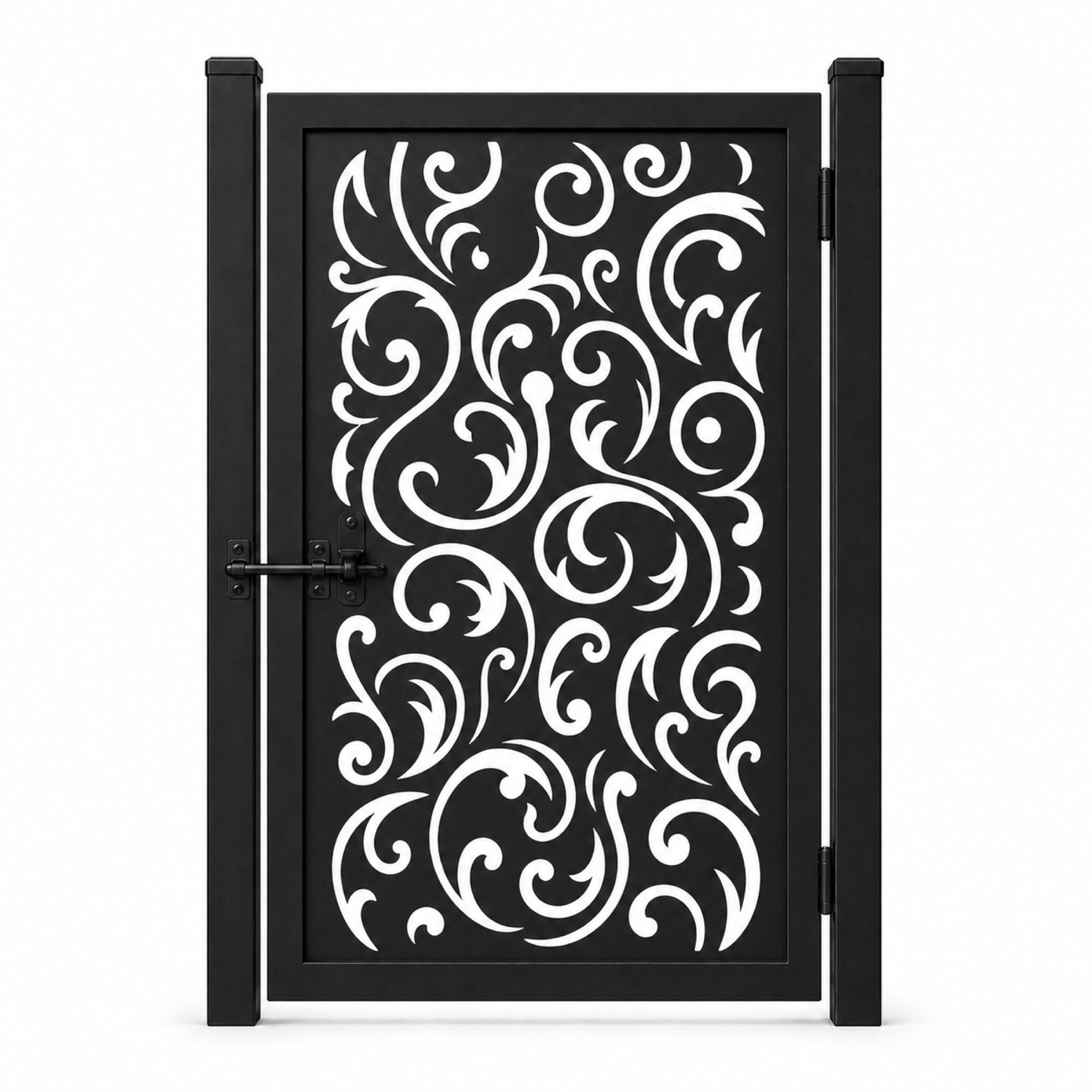 Design 120 large arc spiral vine black laser cut metal pedestrian gate closed view