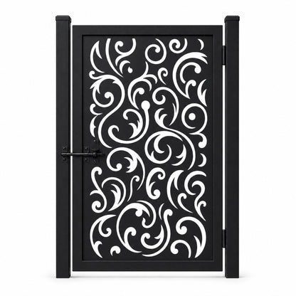 Design 120 large arc spiral vine black laser cut metal pedestrian gate closed view