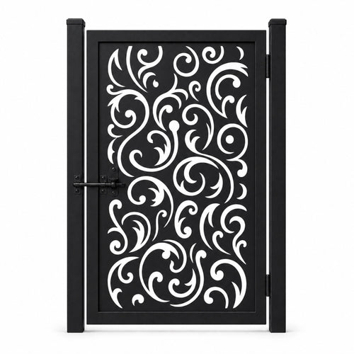 Design 120 large arc spiral vine black laser cut metal pedestrian gate closed view