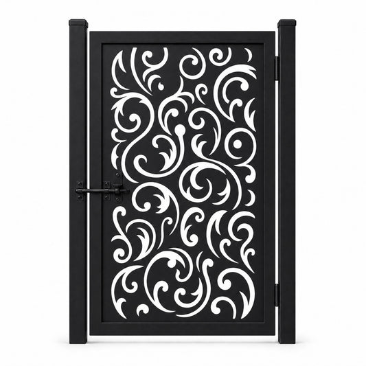 Design 120 large arc spiral vine black laser cut metal pedestrian gate closed view