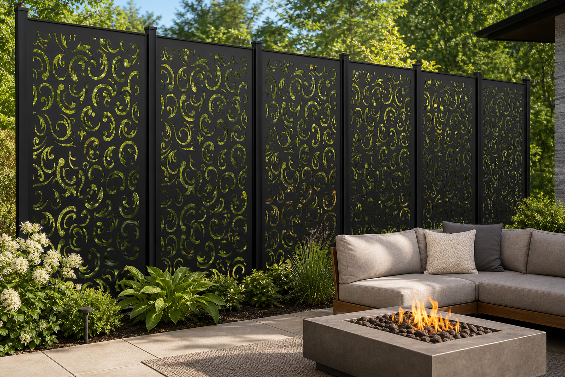 Design 120 Moon Scroll Border Laser Cut Metal Privacy Screen Panel installed garden daylight view