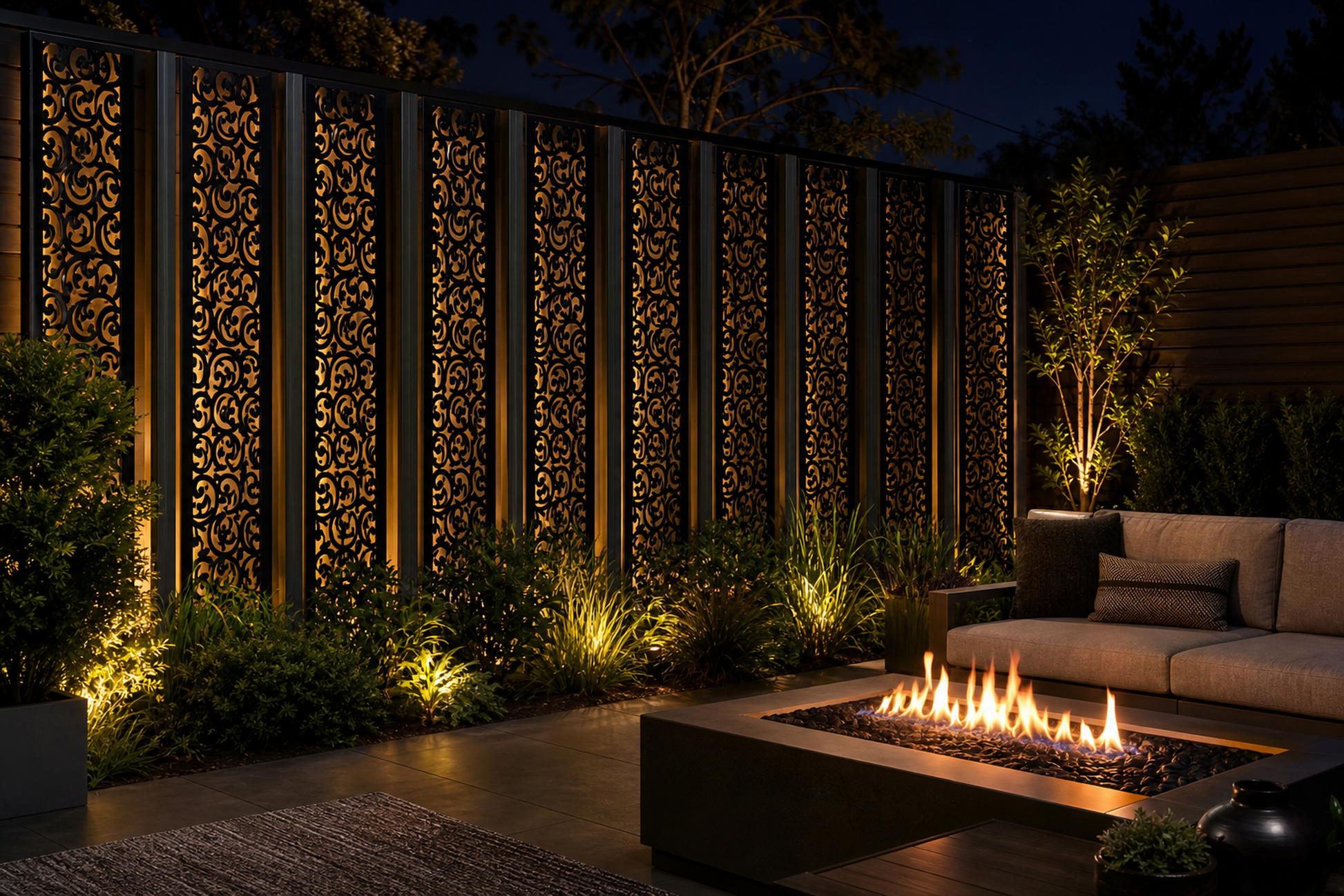 Design 120 Moon Scroll Border Laser Cut Metal Privacy Screen Panel installed garden night lighting view