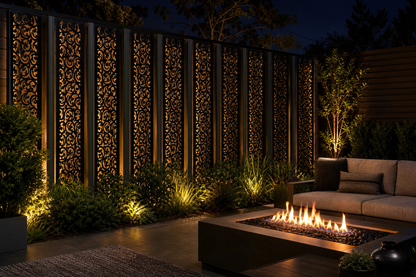 Design 120 Moon Scroll Border Laser Cut Metal Privacy Screen Panel installed garden night lighting view