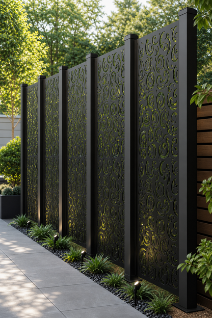 Design 120 Moon Scroll Border Laser Cut Metal Privacy Screen Panel oblique angle view