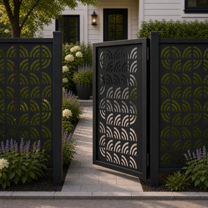 Design 121 concentric semi circle arc black aluminium side gate open view