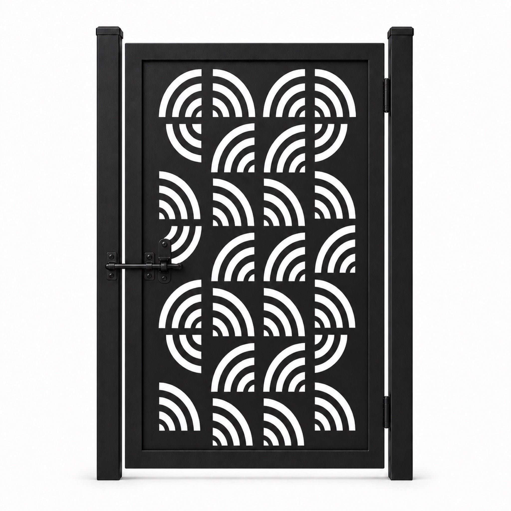 Design 121 concentric semi circle arc black laser cut metal pedestrian gate closed view