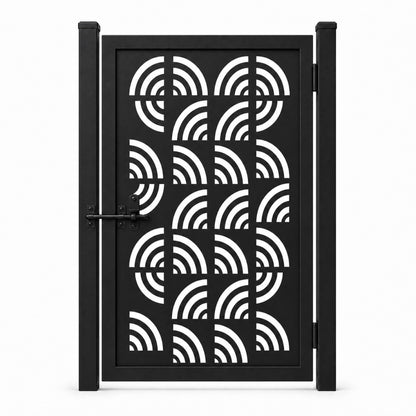 Design 121 concentric semi circle arc black laser cut metal pedestrian gate closed view