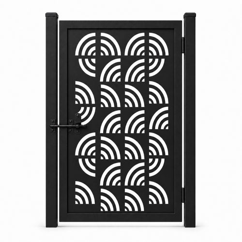 Design 121 concentric semi circle arc black laser cut metal pedestrian gate closed view