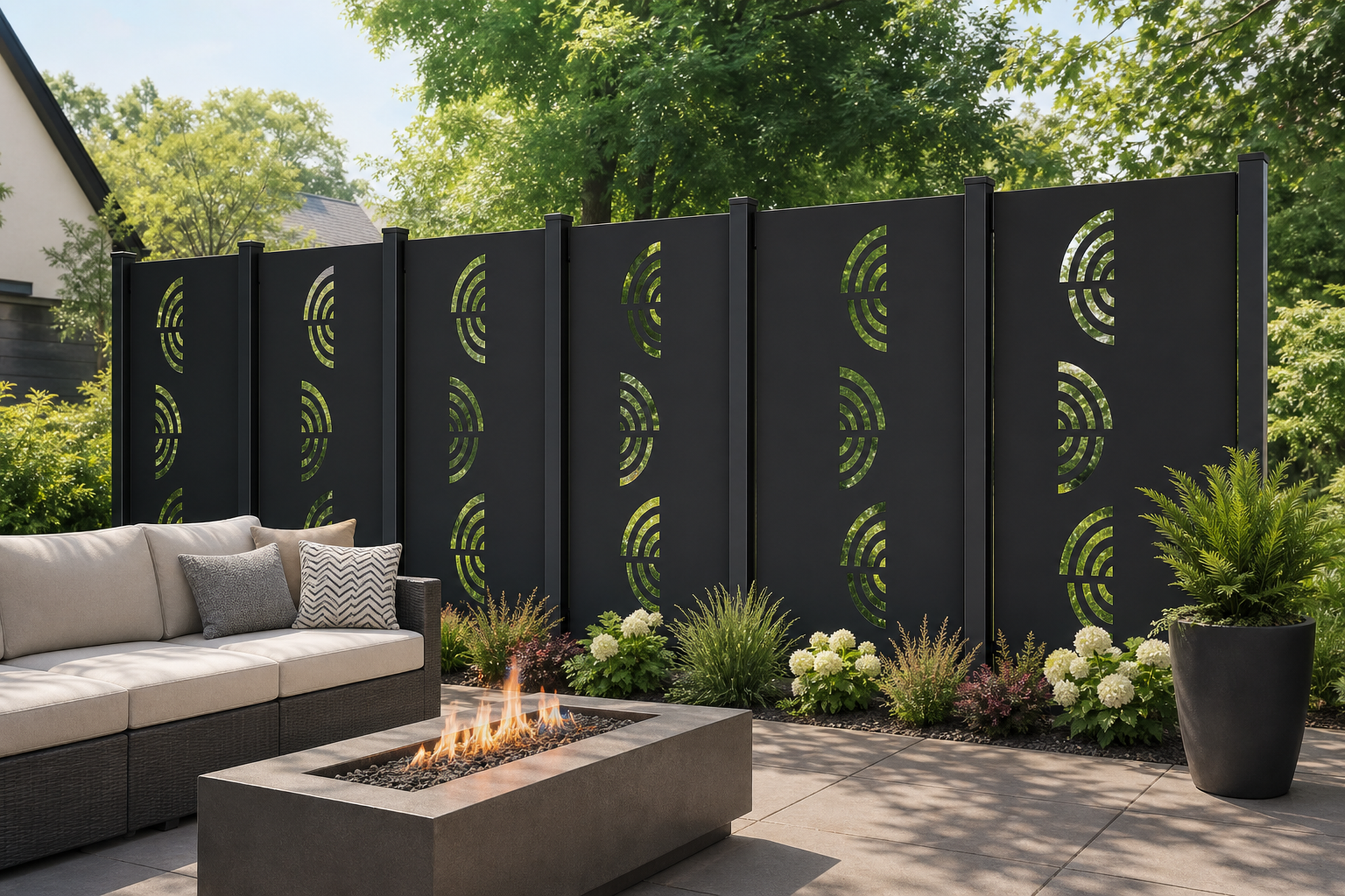 Design 121 Fan Wave Laser Cut Metal Privacy Screen Panel installed garden daylight view