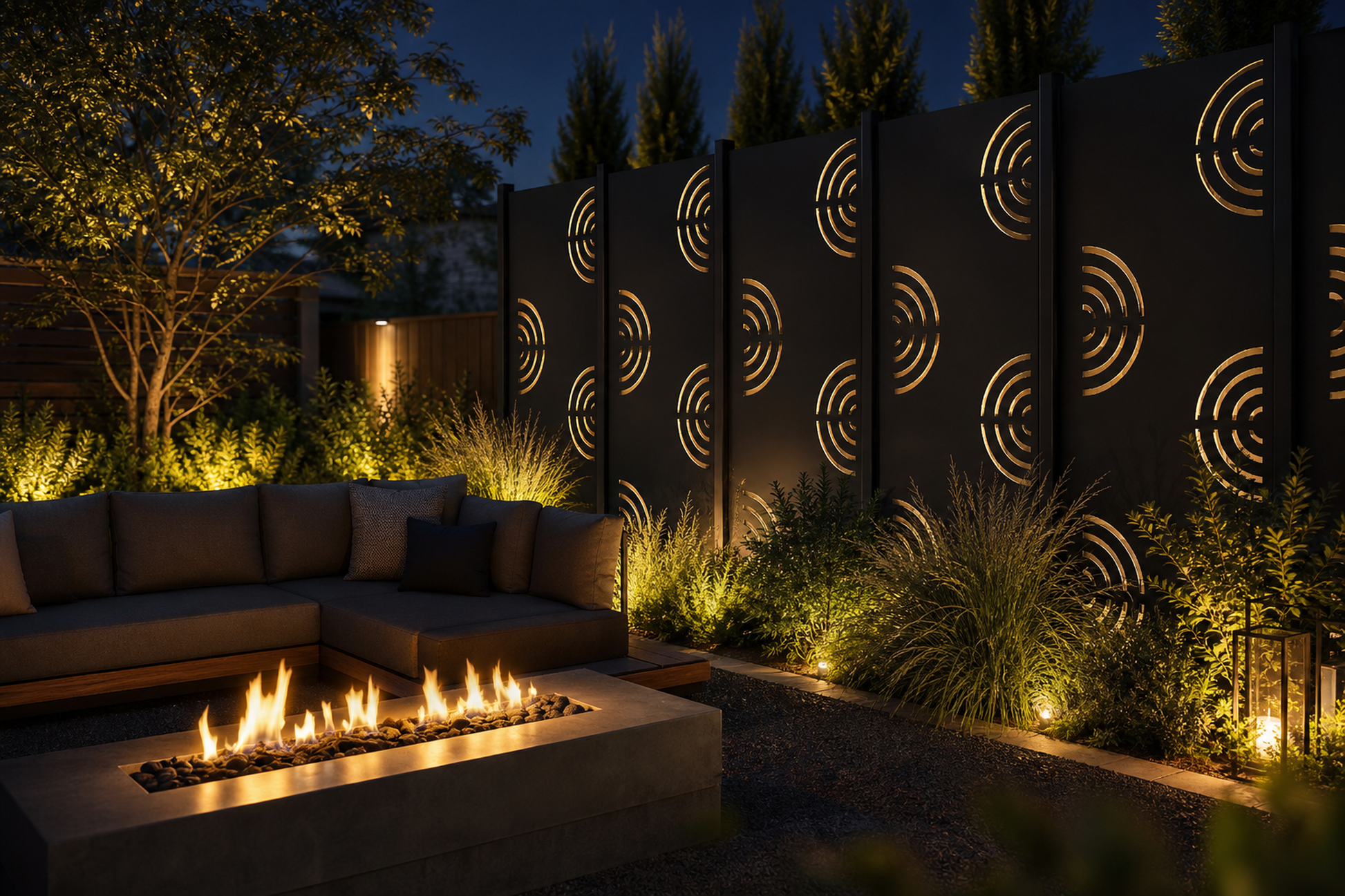 Design 121 Fan Wave Laser Cut Metal Privacy Screen Panel installed garden night lighting view