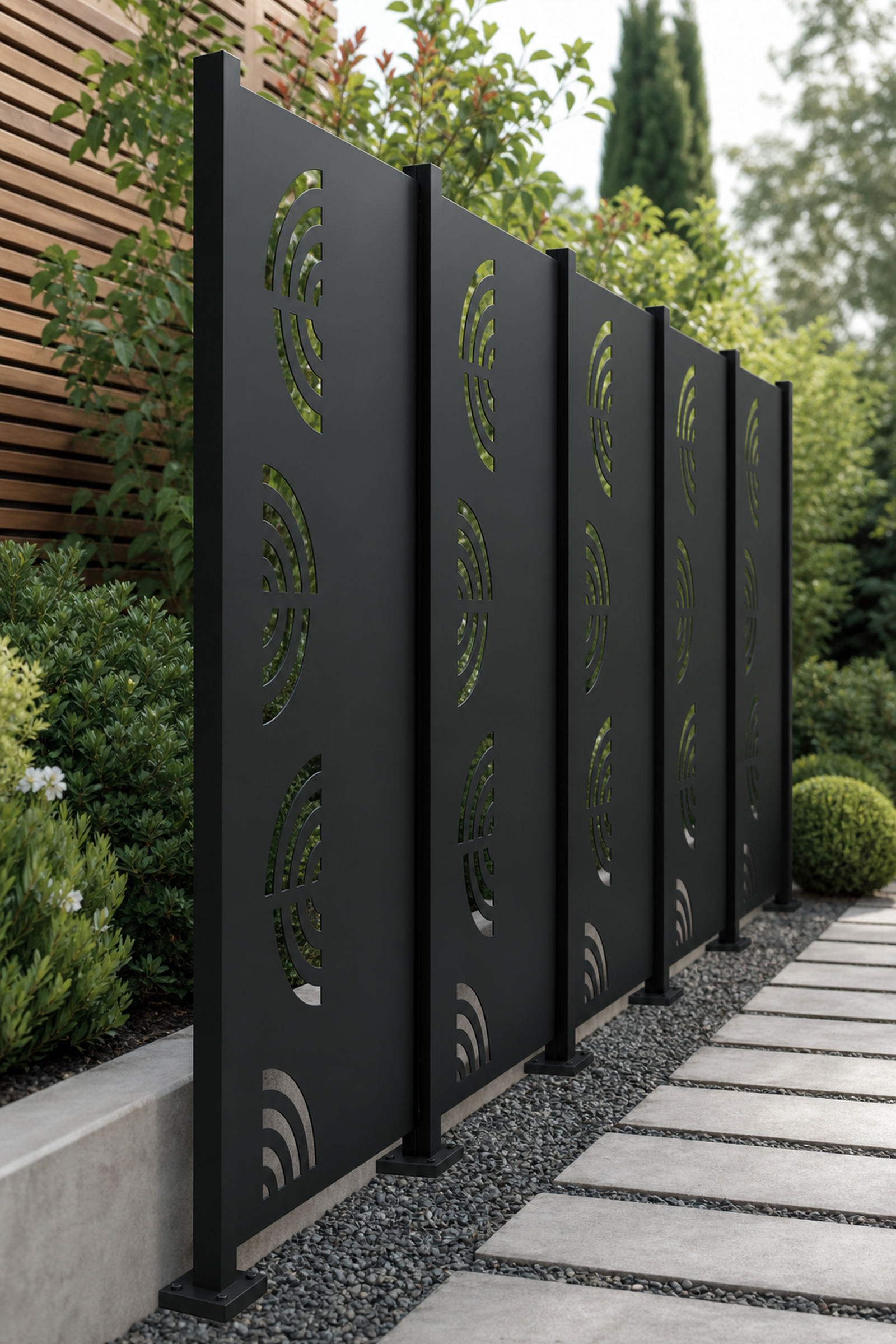 Design 121 Fan Wave Laser Cut Metal Privacy Screen Panel oblique angle view