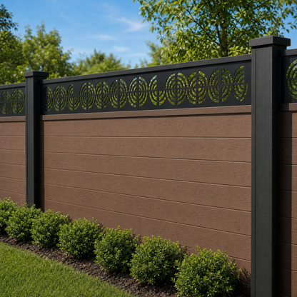 Mandala Circle Band laser cut fence extension panel installed on composite fence, angle view, Design 121