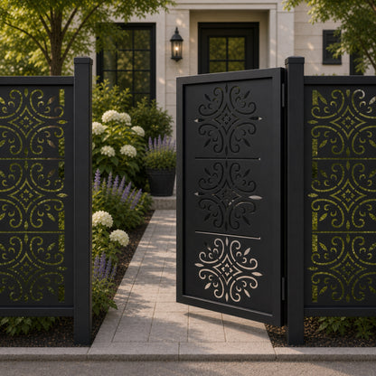 Design 122 european crest scrollwork black aluminium side gate open view
