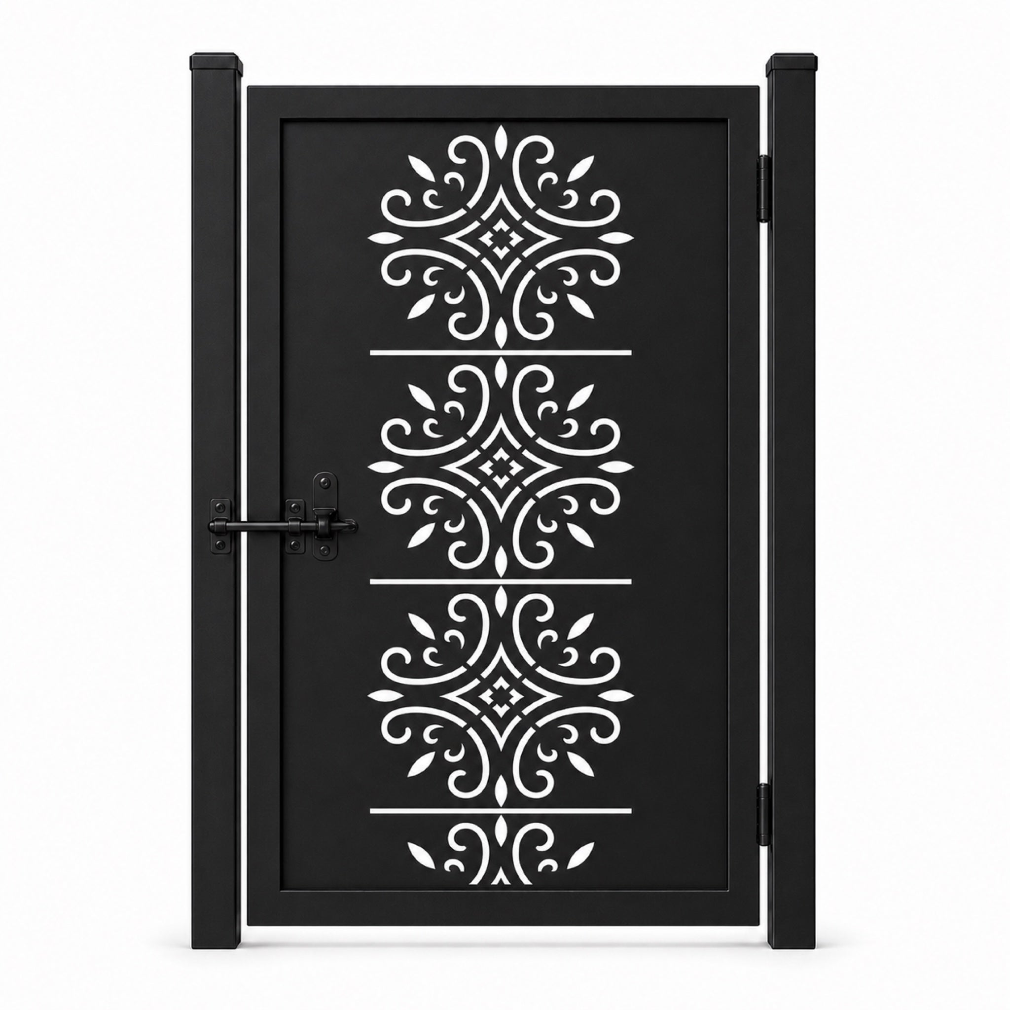 Design 122 european crest scrollwork black laser cut metal pedestrian gate closed view