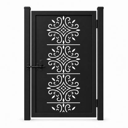 Design 122 european crest scrollwork black laser cut metal pedestrian gate closed view
