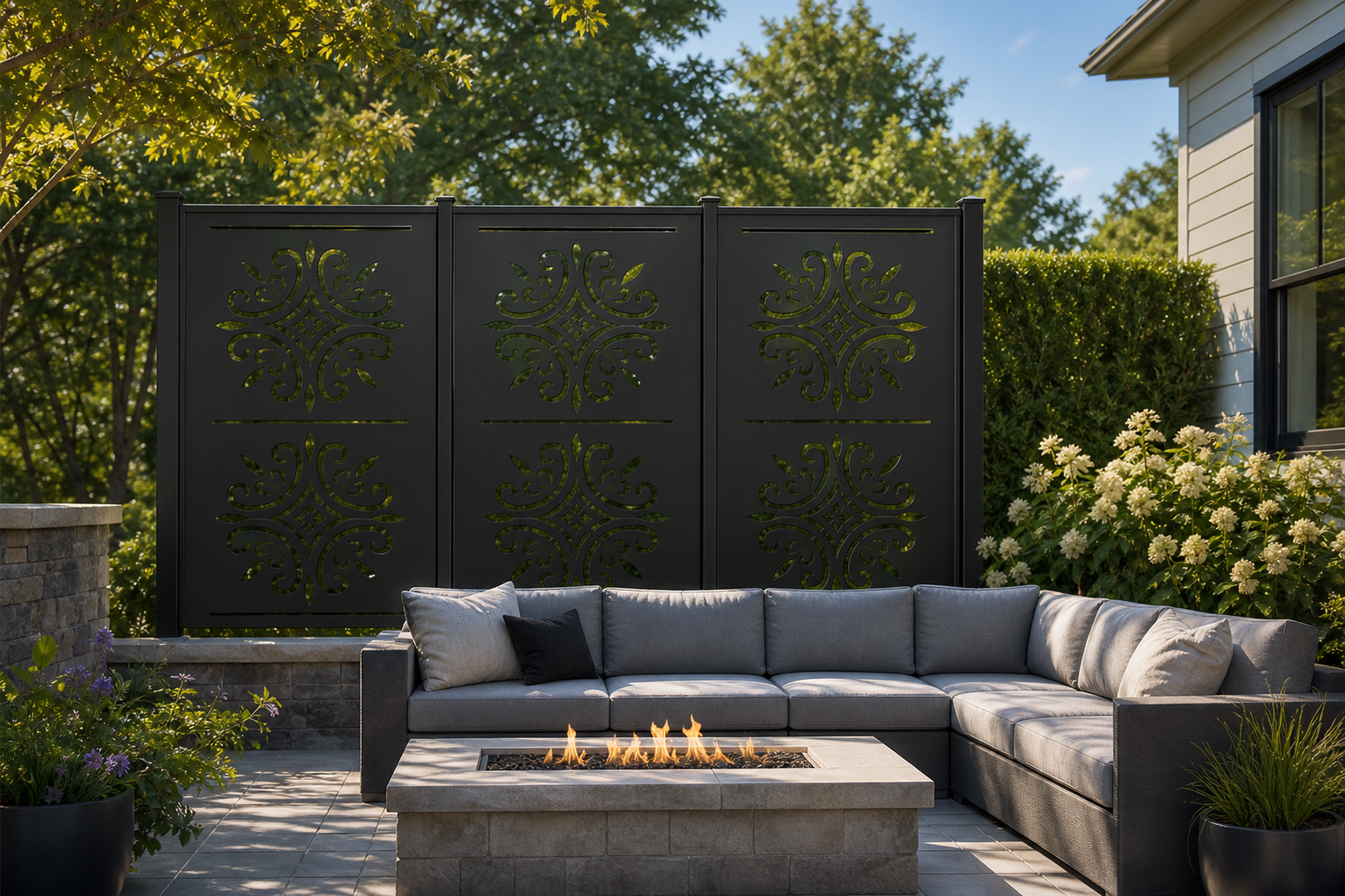 Design 122 Fleur Medallion Stack Laser Cut Metal Privacy Screen Panel installed garden daylight view