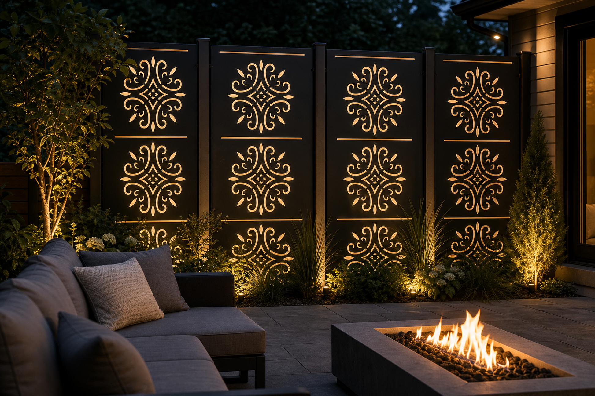 Design 122 Fleur Medallion Stack Laser Cut Metal Privacy Screen Panel installed garden night lighting view