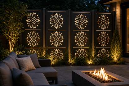 Design 122 Fleur Medallion Stack Laser Cut Metal Privacy Screen Panel installed garden night lighting view