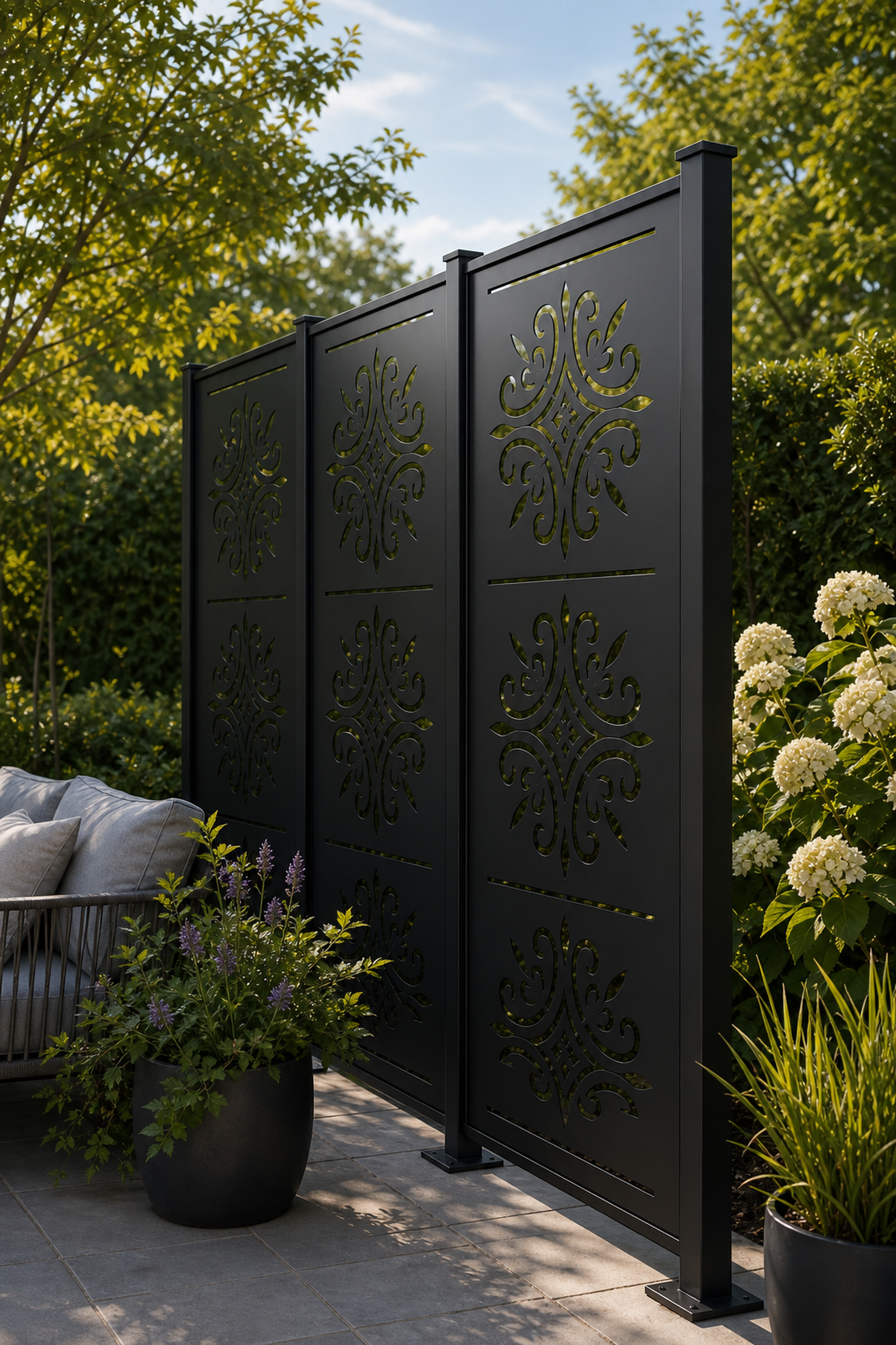 Design 122 Fleur Medallion Stack Laser Cut Metal Privacy Screen Panel oblique angle view
