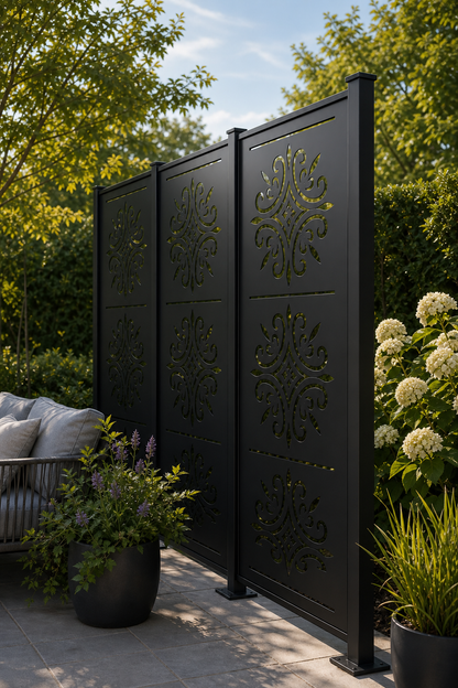 Design 122 Fleur Medallion Stack Laser Cut Metal Privacy Screen Panel oblique angle view