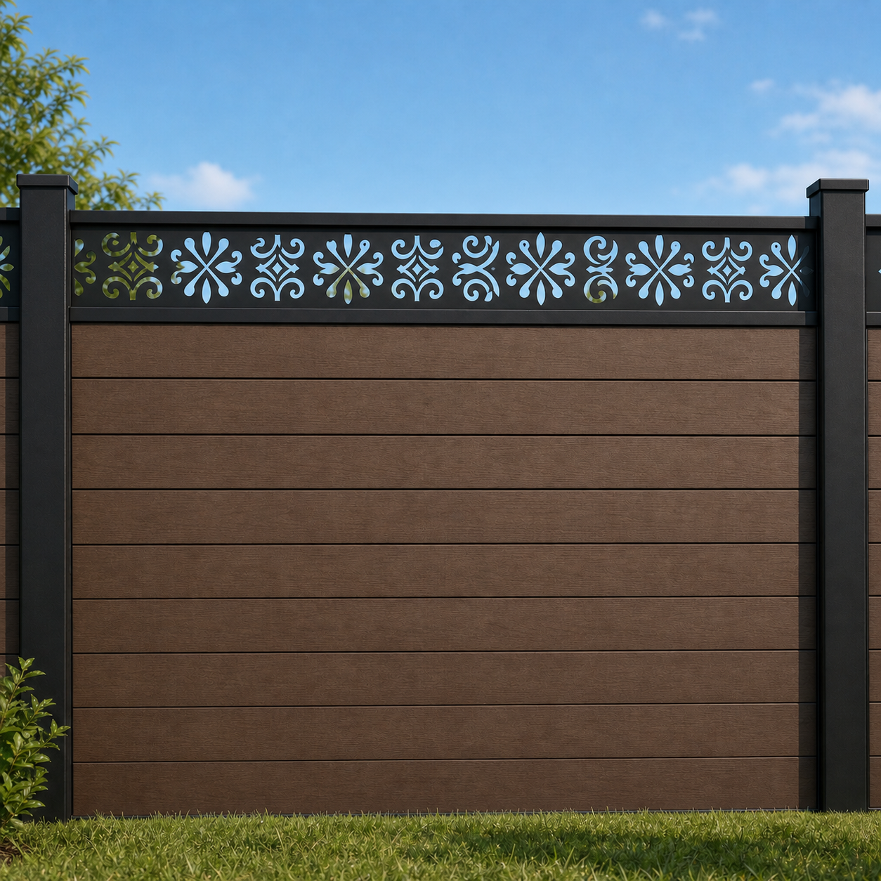 Four Petal Flower metal fence topper installed above WPC composite privacy fence, front view, Design 122