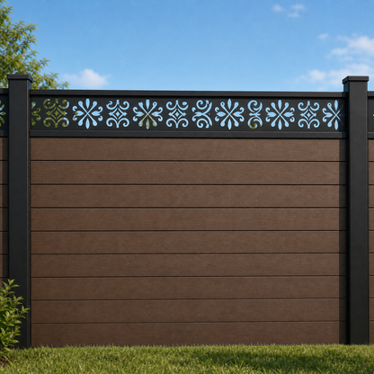 Four Petal Flower metal fence topper installed above WPC composite privacy fence, front view, Design 122