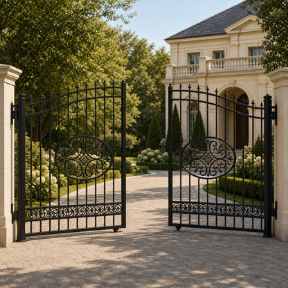 EONE Design 122 gated entry driveway gate with scroll panels shown 30 degrees open for driveway entry view