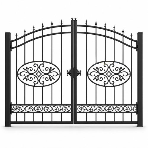 EONE Design 122 gated entry driveway gate with scroll panels shown as a closed double swing estate driveway gate