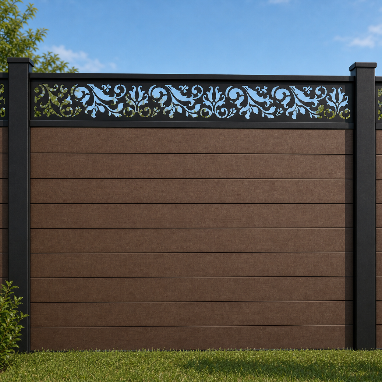 Gothic Leaf Column metal fence topper installed above WPC composite privacy fence, front view, Design 123