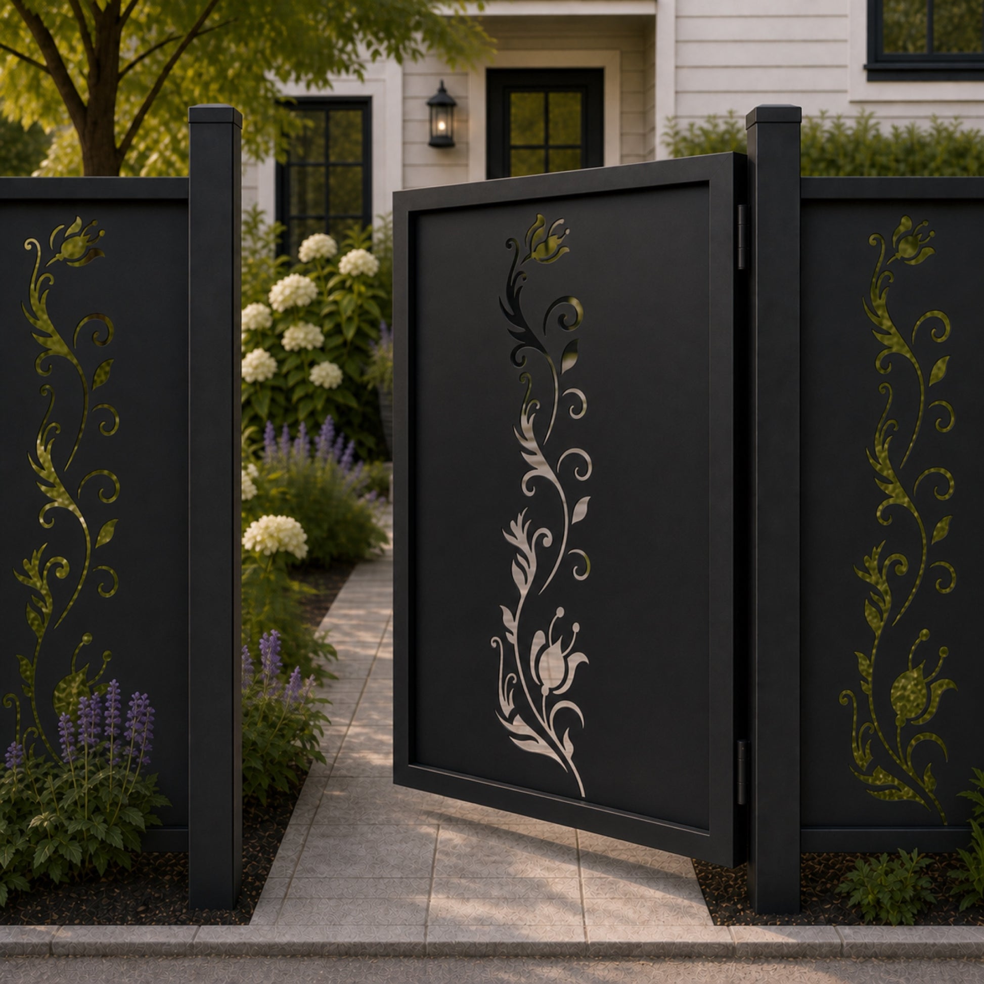 Design 123 single bud vine black aluminium side gate open view