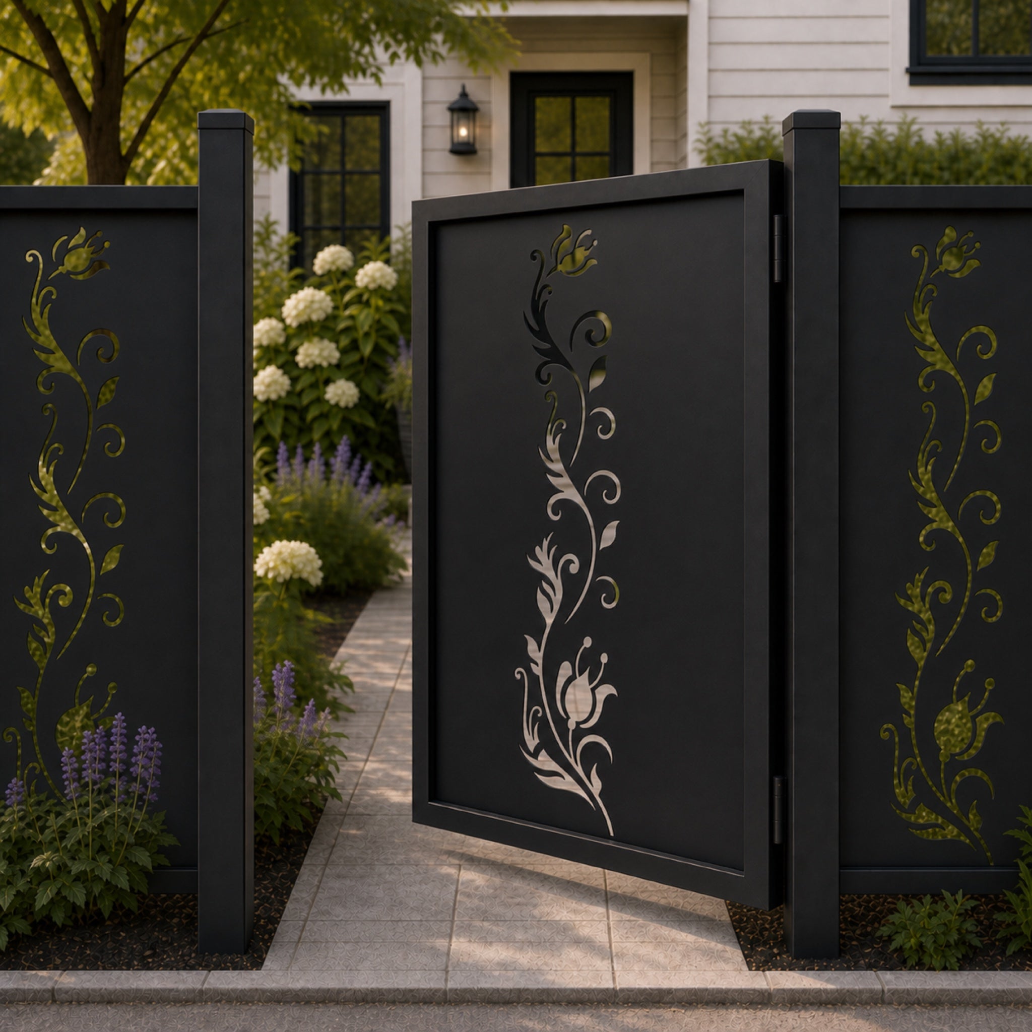 Design 123 single bud vine black aluminium side gate open view