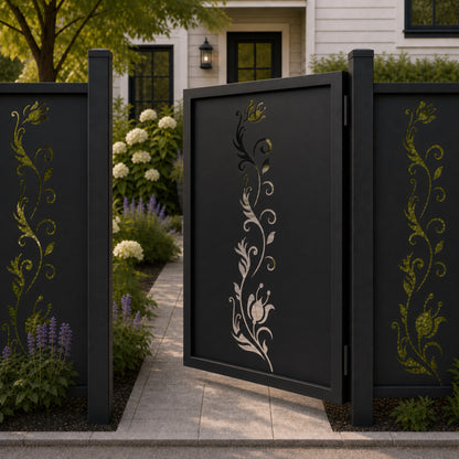 Design 123 single bud vine black aluminium side gate open view
