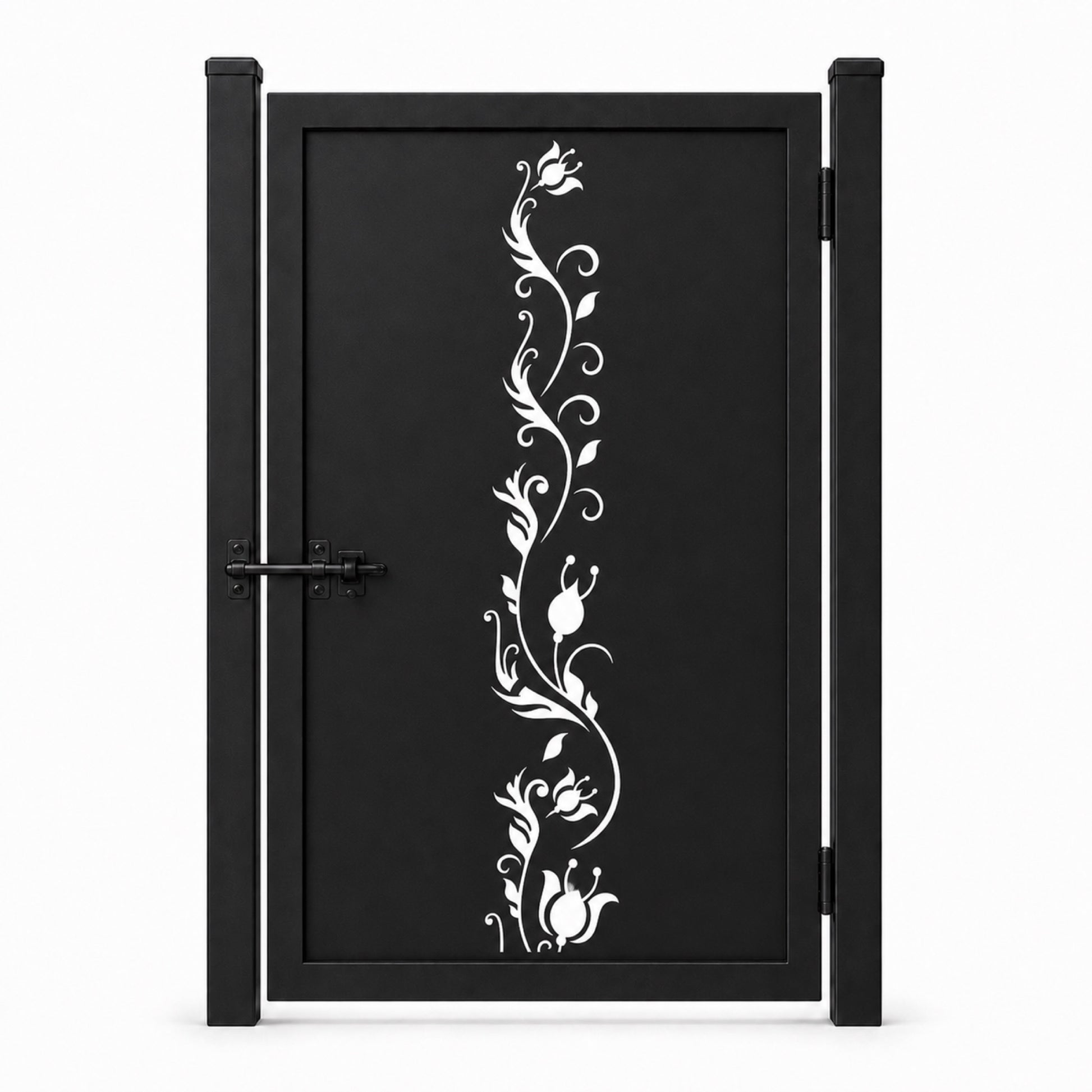 Design 123 single bud vine black laser cut metal pedestrian gate closed view