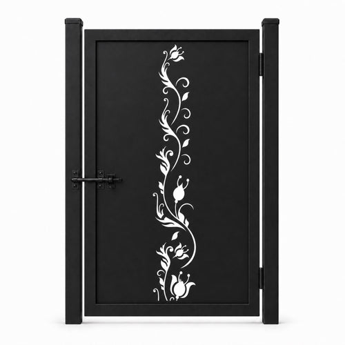 Design 123 single bud vine black laser cut metal pedestrian gate closed view