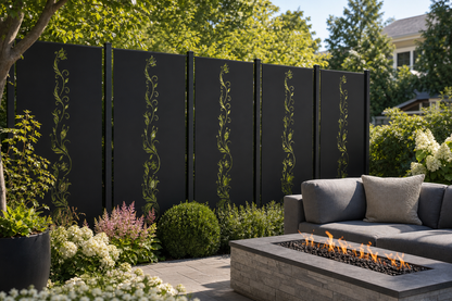 Design 123 Slim Climbing Vine Laser Cut Metal Privacy Screen Panel installed garden daylight view