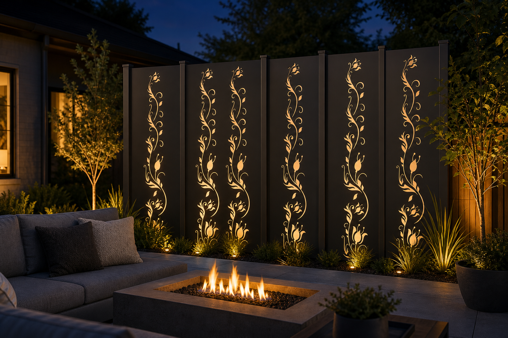 Design 123 Slim Climbing Vine Laser Cut Metal Privacy Screen Panel installed garden night lighting view