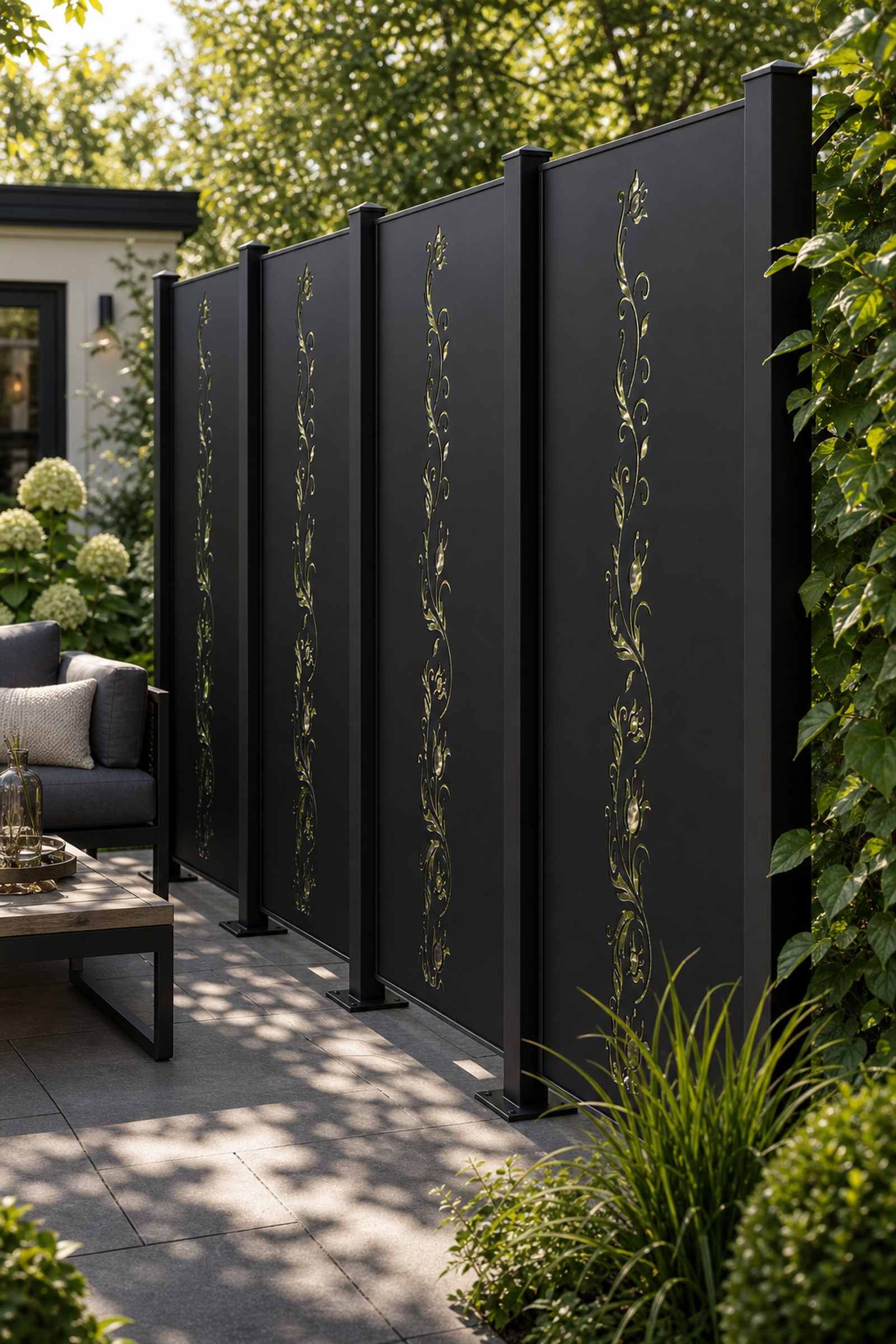 Design 123 Slim Climbing Vine Laser Cut Metal Privacy Screen Panel oblique angle view