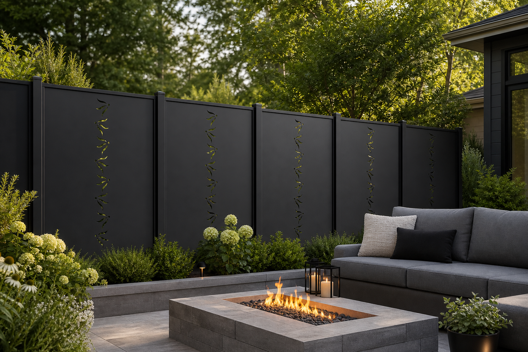 Design 124 Minimal Falling Leaves Laser Cut Metal Privacy Screen Panel installed garden daylight view